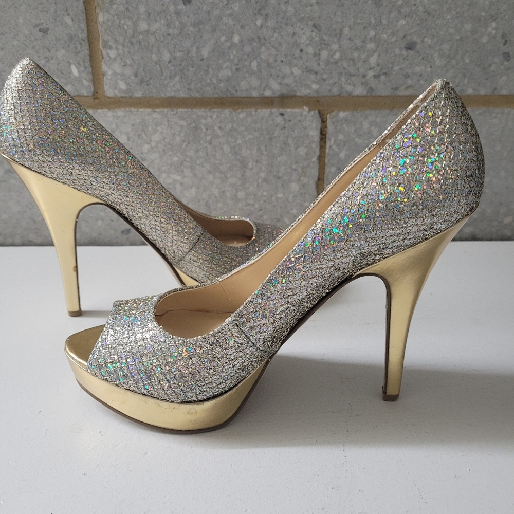 Enzo Anglioni Iridescent hologram silver and gold platform open toe pumps, 7M